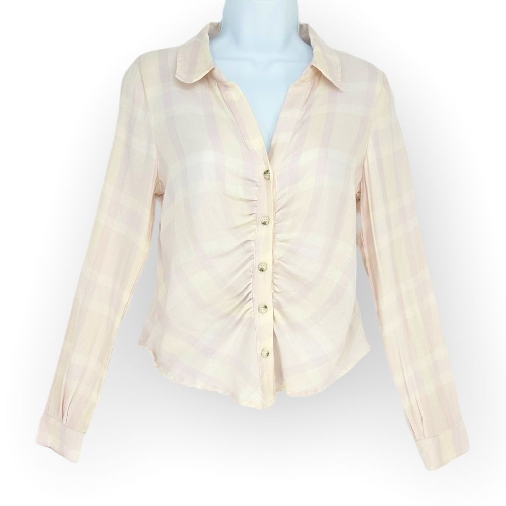 SANCTUARY CLOTHING NWT WOMENS WHISPER PLAID RUCHED BOYFRIEND SHIRT- size M - Picture 2 of 11